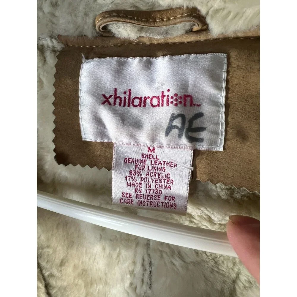 Vintage Y2K 90s Xhiliration 100% Leather Medium Faux Fur Jacket Coat Sherpa Tan - Picture 5 of 5